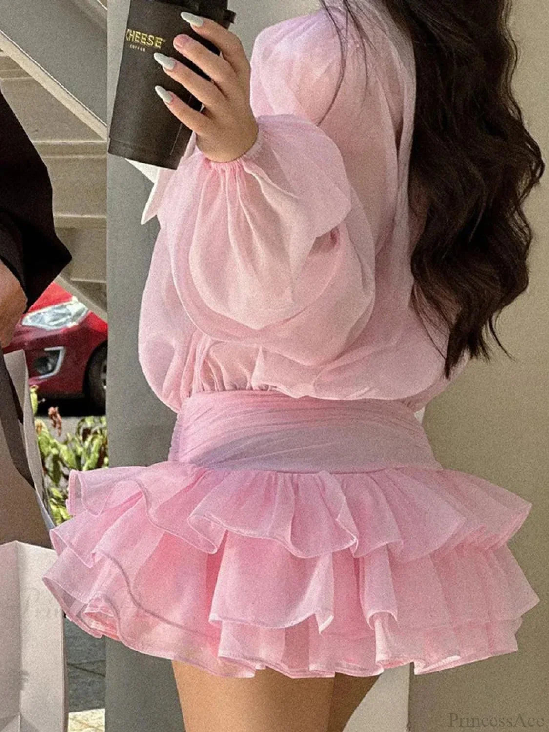 Long Sleeve Button Front Ruffle Tiered Mini Skirt Two Piece Set