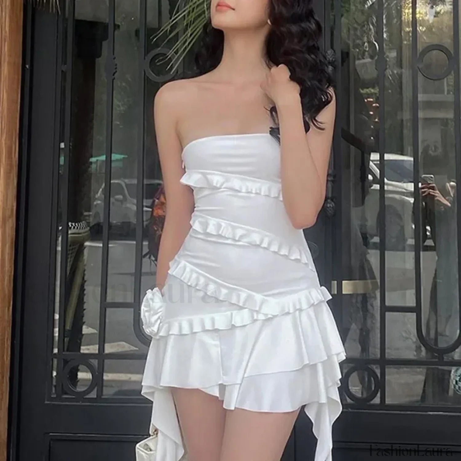 White Off Shoulder Strapless Ruffle Hem Mini Floral Dress