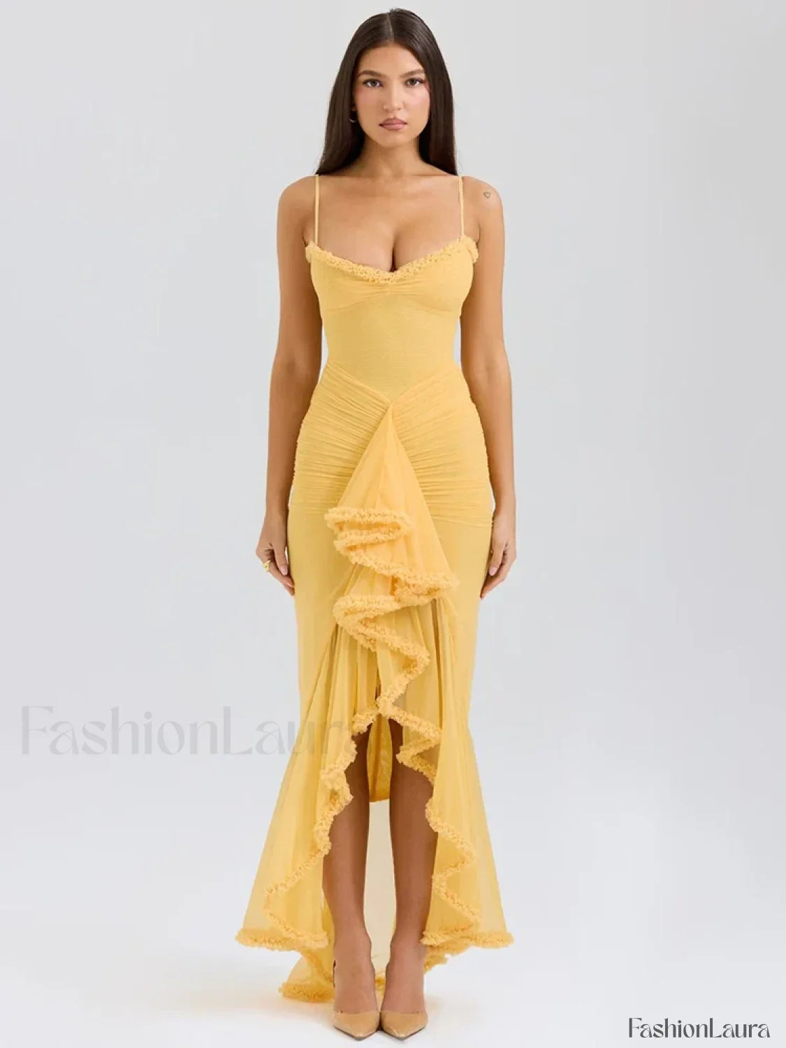 Orange Ruffled Spaghetti Midi Dress