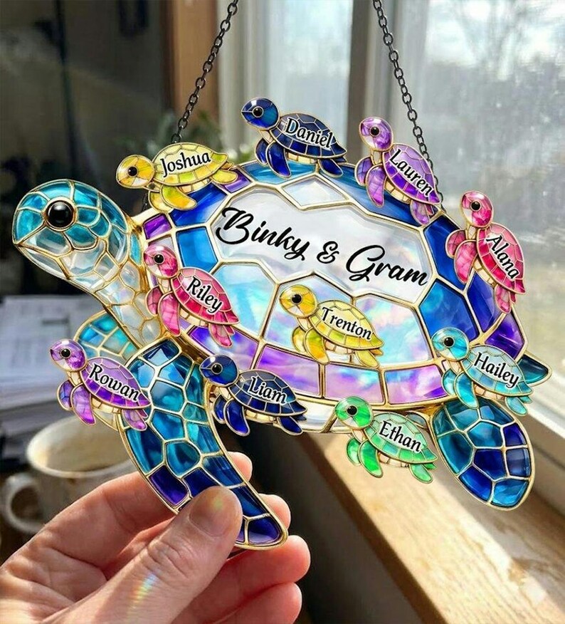 Personalized Turtle Suncatcher for Grandma Custom Name Window Hanging Stained Glass Ornament  Mothers Day Gift