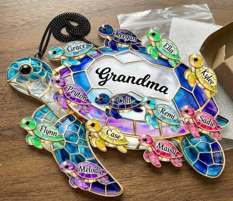 Personalized Turtle Suncatcher for Grandma Custom Name Window Hanging Stained Glass Ornament  Mothers Day Gift