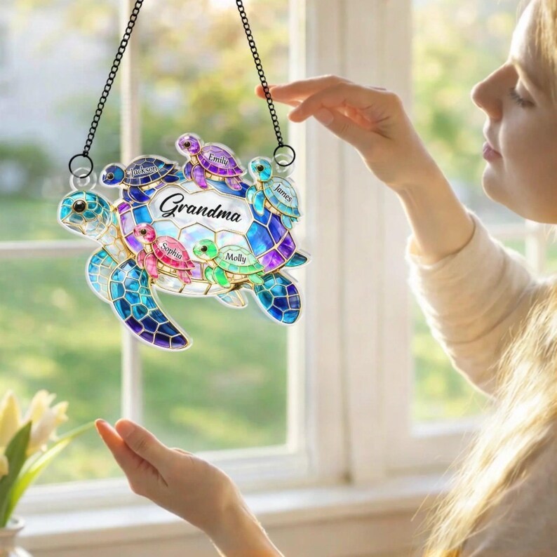 Personalized Turtle Suncatcher for Grandma Custom Name Window Hanging Stained Glass Ornament  Mothers Day Gift