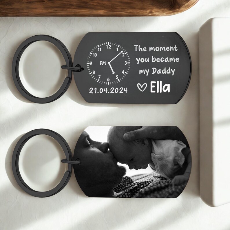 The Moment You Became My Daddy-Personalised Photo Keyring With New Born Baby Photo Gift