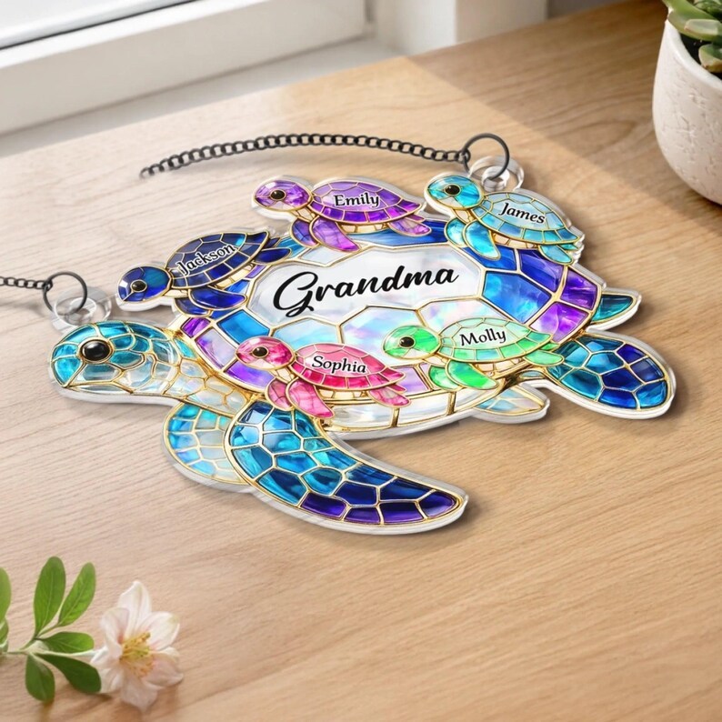 Personalized Turtle Suncatcher for Grandma Custom Name Window Hanging Stained Glass Ornament  Mothers Day Gift