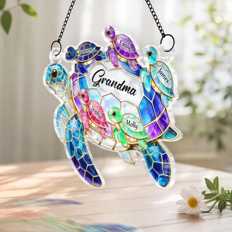 Personalized Turtle Suncatcher for Grandma Custom Name Window Hanging Stained Glass Ornament  Mothers Day Gift