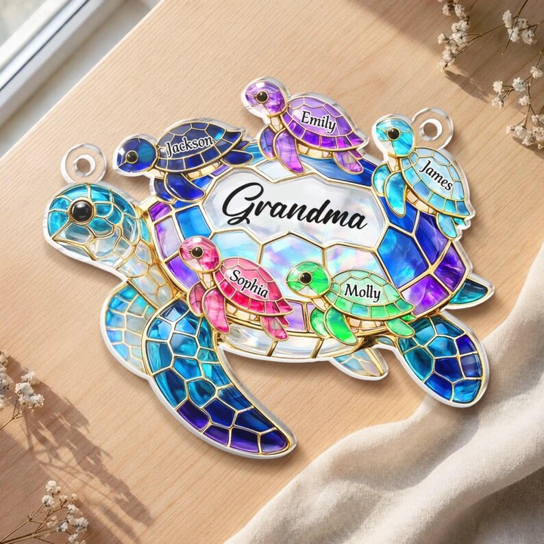 Personalized Turtle Suncatcher for Grandma Custom Name Window Hanging Stained Glass Ornament  Mothers Day Gift