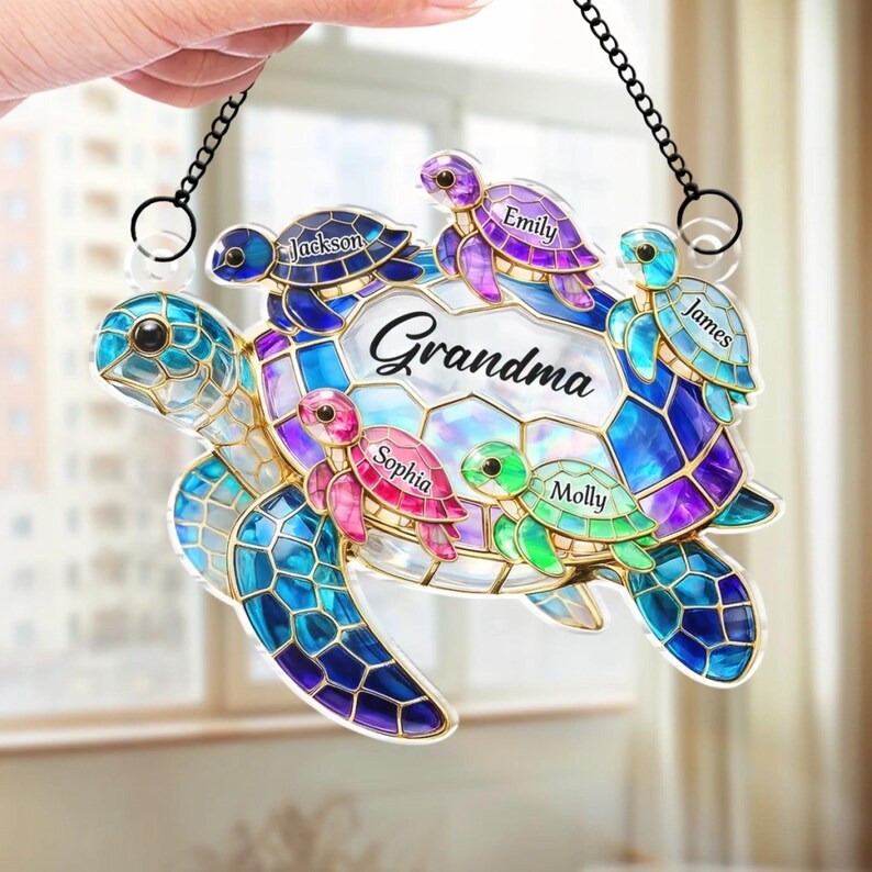 Personalized Turtle Suncatcher for Grandma Custom Name Window Hanging Stained Glass Ornament  Mothers Day Gift