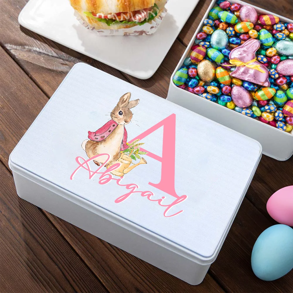 Personalized Cute Cartoon Peter Rabbit Food-grade Metal Biscuit Tin Box with Initial and Name Birthday Easter Gift for Kids Family Friends