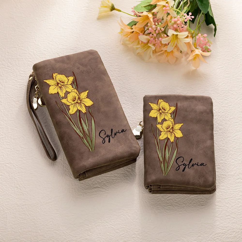 Personalized Watercolor Birth Flower Tri-Fold PU Leather Wristlet Wallet with Card Holder and Name Birthday Anniversary Gift for Women