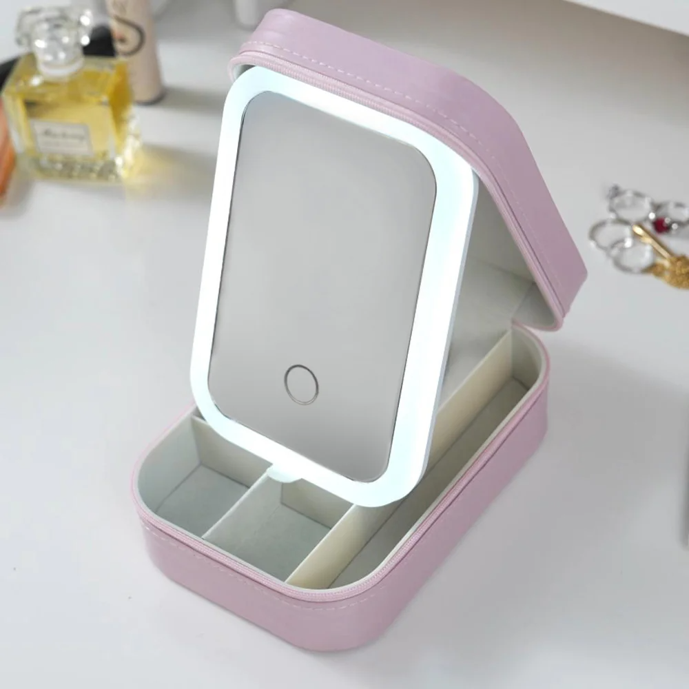 Personalized Birth Flower Portable Leather Travel Jewelry Box with Name and LED Three-color Adjustable Makeup Mirror Birthday Gift for Women