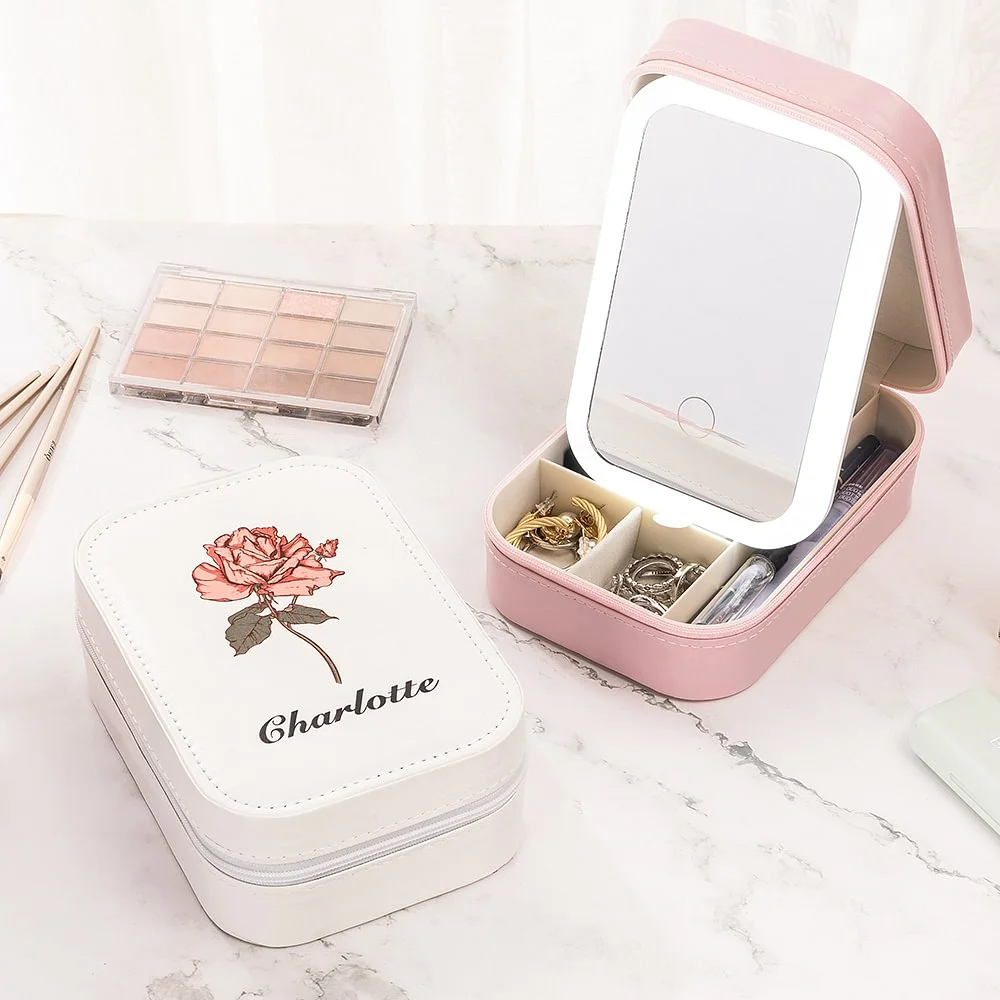 Personalized Birth Flower Portable Leather Travel Jewelry Box with Name and LED Three-color Adjustable Makeup Mirror Birthday Gift for Women