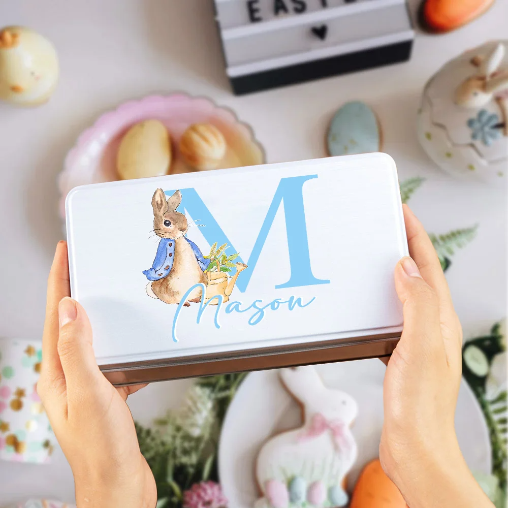 Personalized Cute Cartoon Peter Rabbit Food-grade Metal Biscuit Tin Box with Initial and Name Birthday Easter Gift for Kids Family Friends