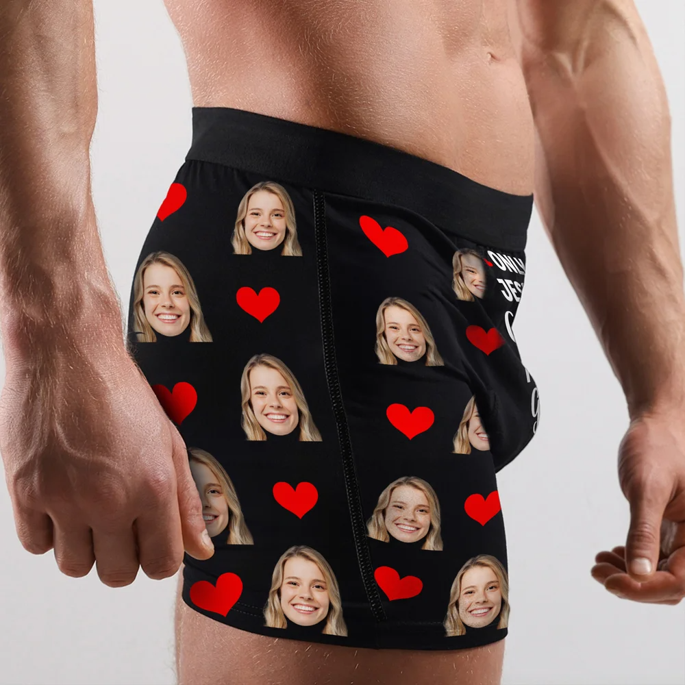 Personalized Funny Face Photos Love Heart Comfortable Men's Underwear Boxer Brief with Name Valentine's Day Gift for Boyfriend Husband