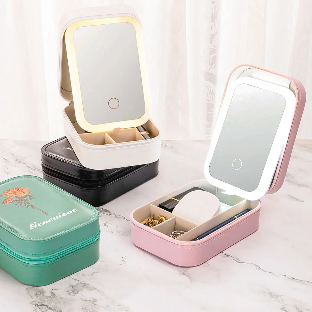 Personalized Birth Flower Portable Leather Travel Jewelry Box with Name and LED Three-color Adjustable Makeup Mirror Birthday Gift for Women
