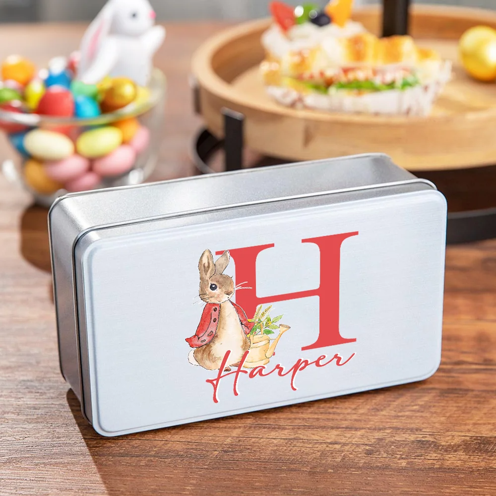Personalized Cute Cartoon Peter Rabbit Food-grade Metal Biscuit Tin Box with Initial and Name Birthday Easter Gift for Kids Family Friends