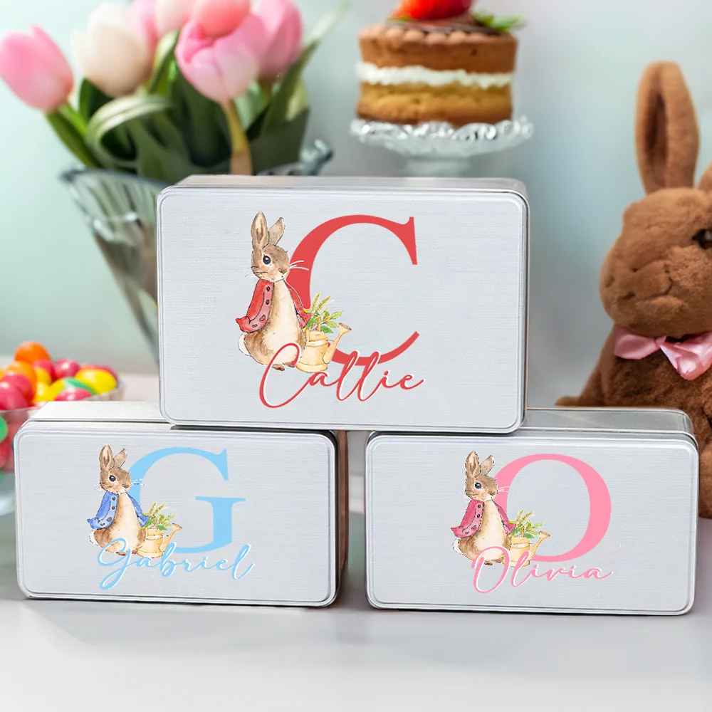 Personalized Cute Cartoon Peter Rabbit Food-grade Metal Biscuit Tin Box with Initial and Name Birthday Easter Gift for Kids Family Friends