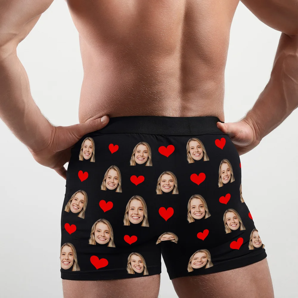 Personalized Funny Face Photos Love Heart Comfortable Men's Underwear Boxer Brief with Name Valentine's Day Gift for Boyfriend Husband