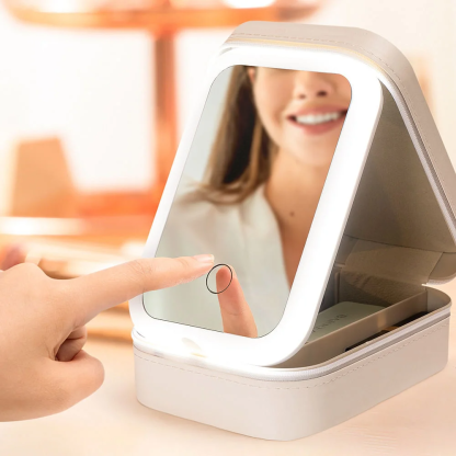 Personalized Birth Flower Portable Leather Travel Jewelry Box with Name and LED Three-color Adjustable Makeup Mirror Birthday Gift for Women