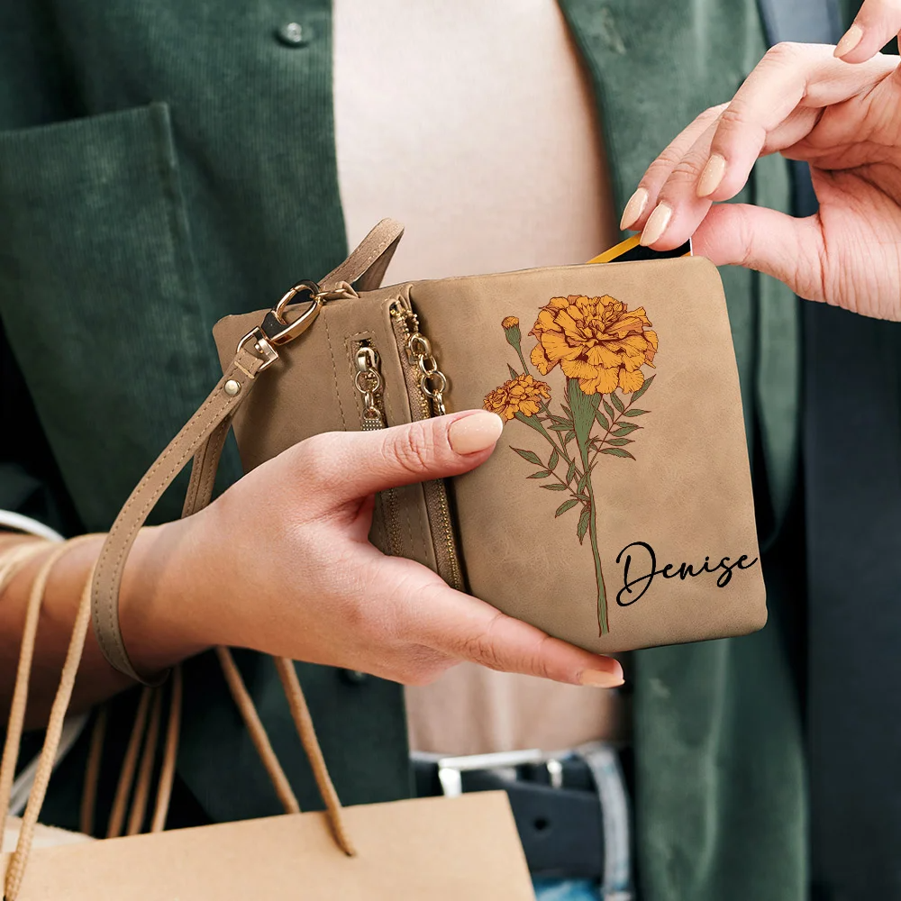Personalized Watercolor Birth Flower Tri-Fold PU Leather Wristlet Wallet with Card Holder and Name Birthday Anniversary Gift for Women