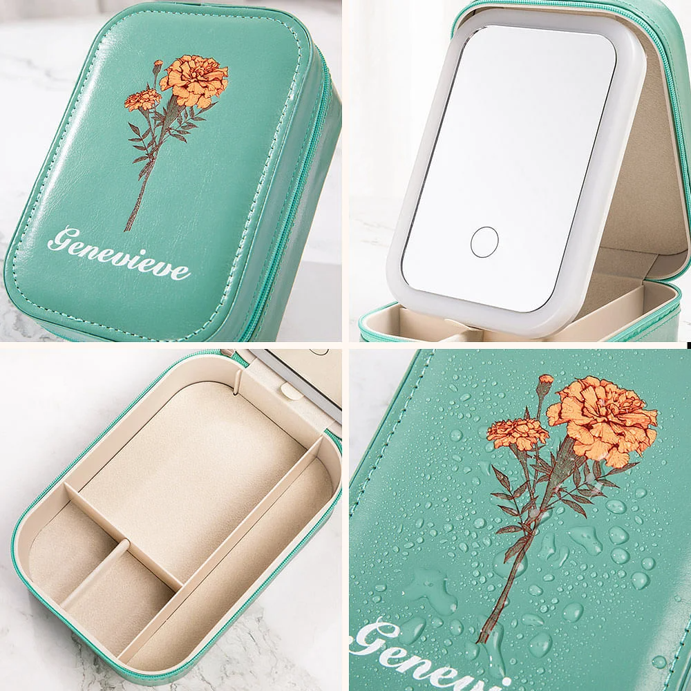 Personalized Birth Flower Portable Leather Travel Jewelry Box with Name and LED Three-color Adjustable Makeup Mirror Birthday Gift for Women
