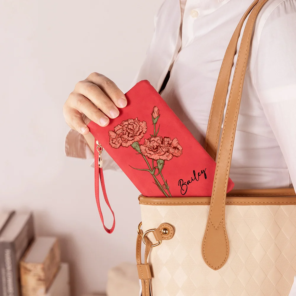 Personalized Watercolor Birth Flower Tri-Fold PU Leather Wristlet Wallet with Card Holder and Name Birthday Anniversary Gift for Women