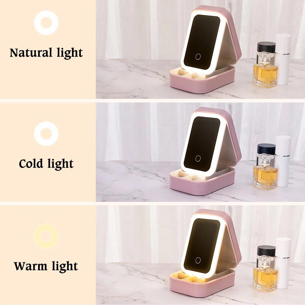 Personalized Birth Flower Portable Leather Travel Jewelry Box with Name and LED Three-color Adjustable Makeup Mirror Birthday Gift for Women