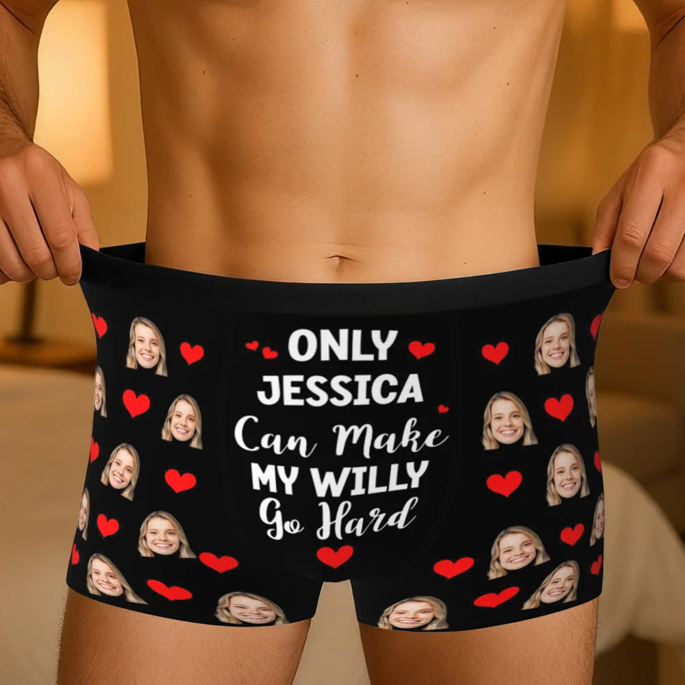 Personalized Funny Face Photos Love Heart Comfortable Men's Underwear Boxer Brief with Name Valentine's Day Gift for Boyfriend Husband