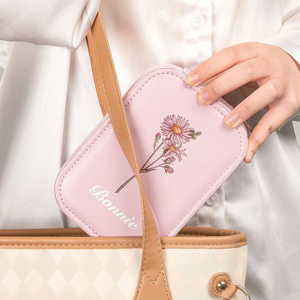 Personalized Birth Flower Portable Leather Travel Jewelry Box with Name and LED Three-color Adjustable Makeup Mirror Birthday Gift for Women