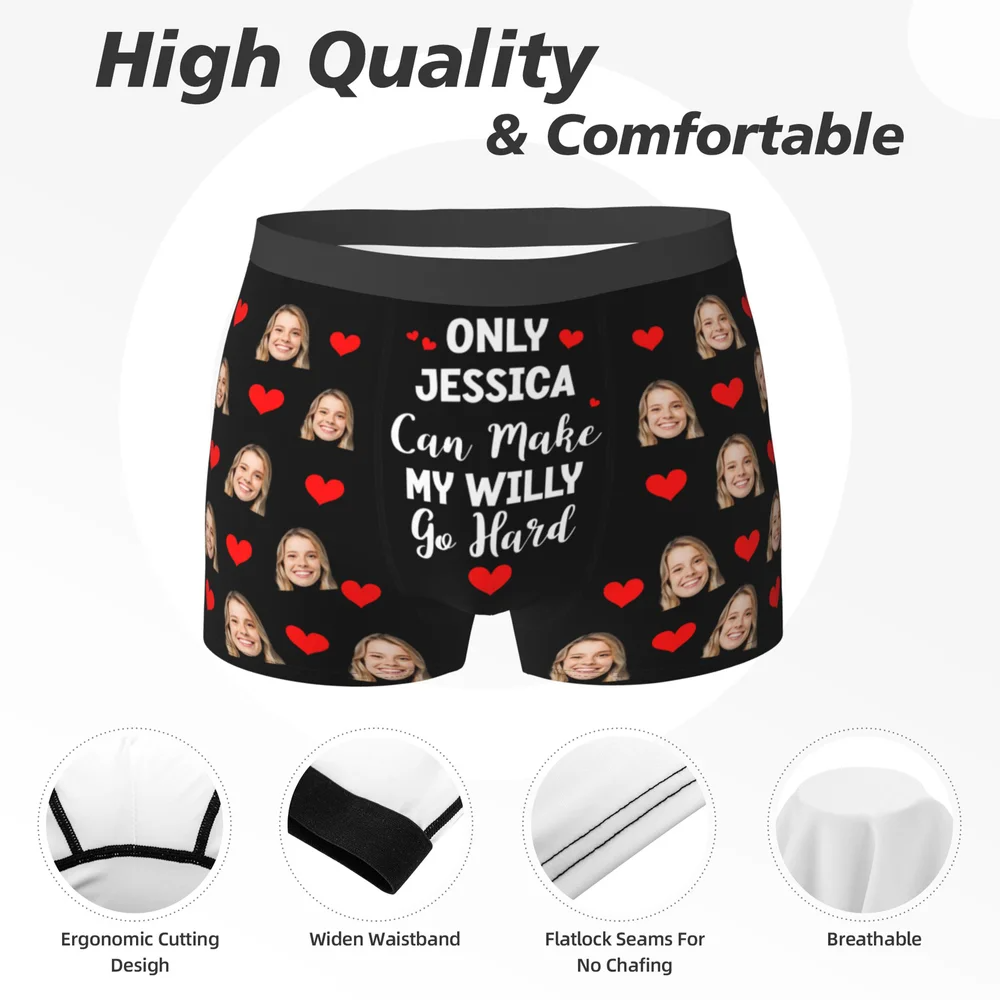 Personalized Funny Face Photos Love Heart Comfortable Men's Underwear Boxer Brief with Name Valentine's Day Gift for Boyfriend Husband