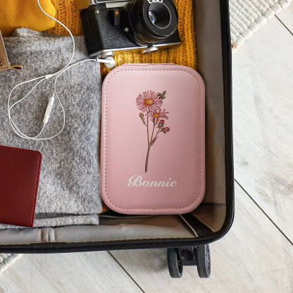 Personalized Birth Flower Portable Leather Travel Jewelry Box with Name and LED Three-color Adjustable Makeup Mirror Birthday Gift for Women