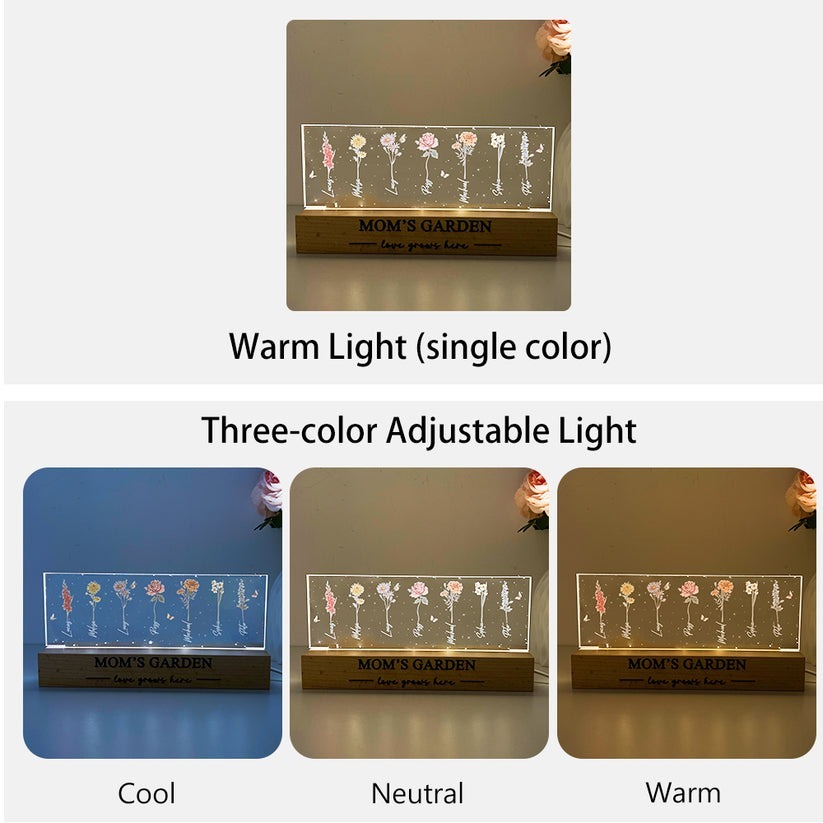 Grandma‘s Garden Birth Month Flowers Personalized Acrylic LED Night Light Mothers Day Gift  FHC51038