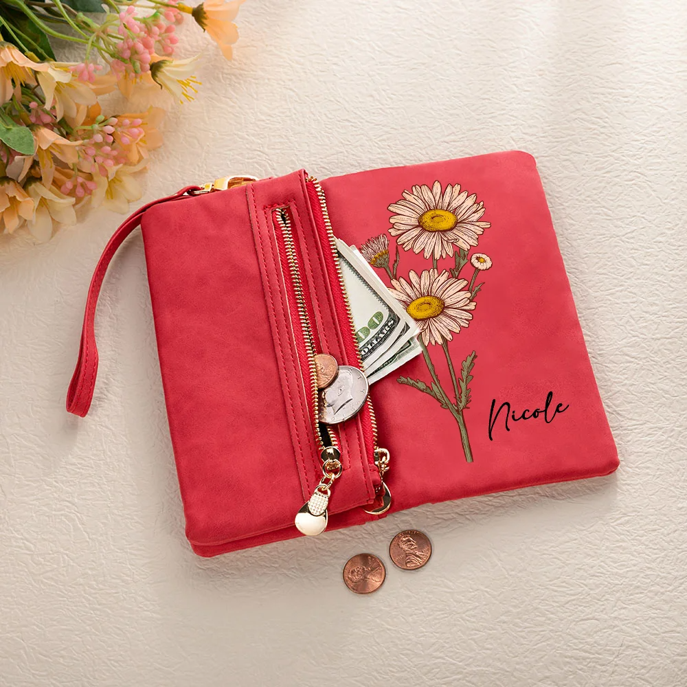 Personalized Watercolor Birth Flower Tri-Fold PU Leather Wristlet Wallet with Card Holder and Name Birthday Anniversary Gift for Women