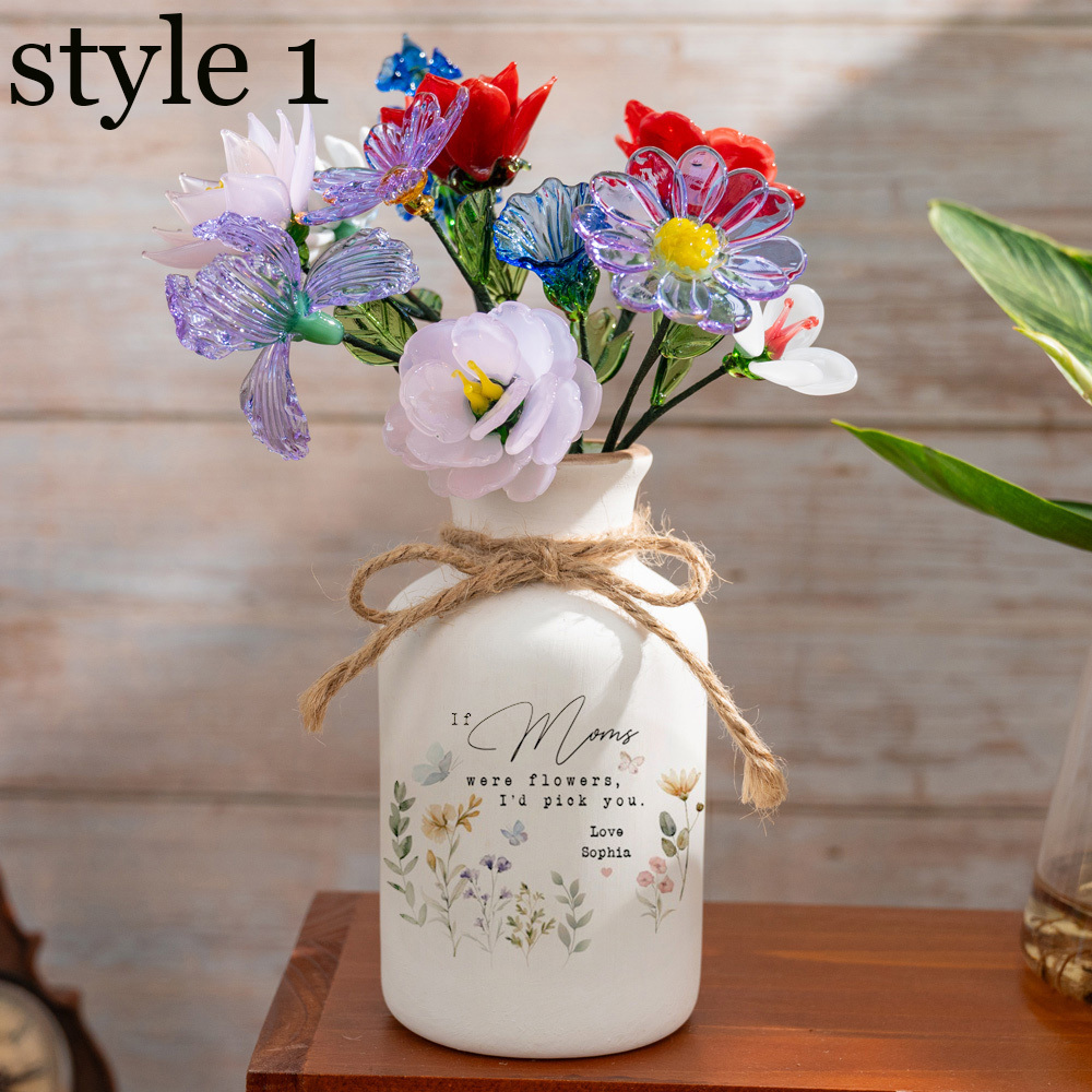 Personalized Floral Ceramic Vase for Mom Grandma Mother's Day Gift(With Glass Flowers) FHC51049