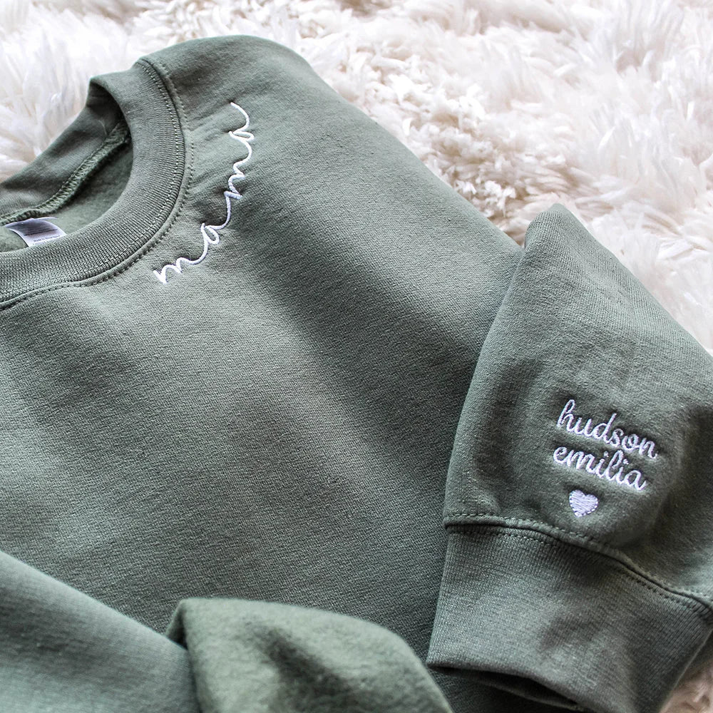 Custom Mama Embroidered Sweatshirt with Family Members' Names on Sleeves HCMD0267