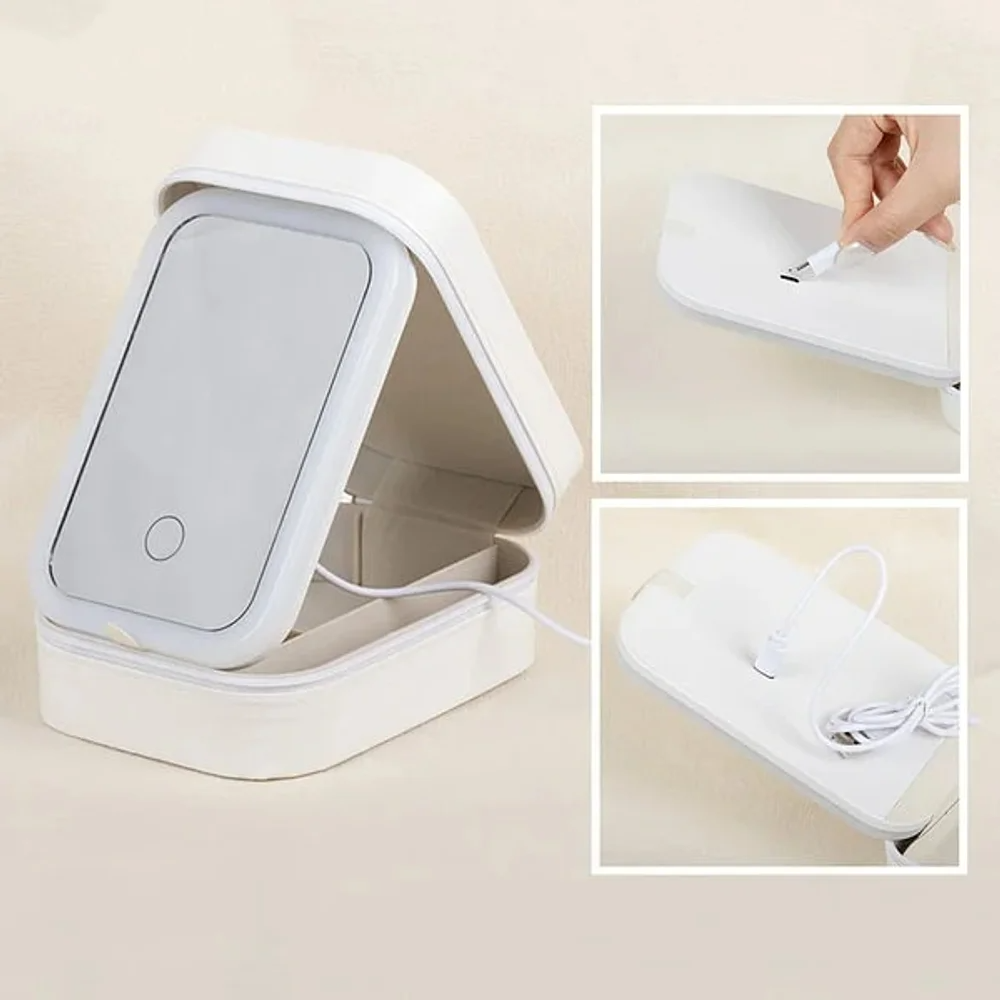 Personalized Birth Flower Portable Leather Travel Jewelry Box with Name and LED Three-color Adjustable Makeup Mirror Birthday Gift for Women