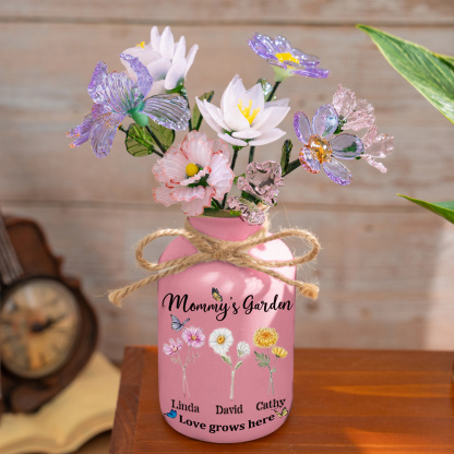 Personalized Mommy's Garden Birth Flower Vase With Children Name For Mother's Day Gift(With Glass Flowers) FHC51059