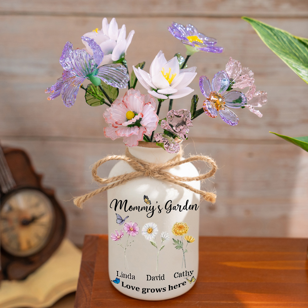 Personalized Mama's Garden Birth Flower Vase With Children Name For Mother's Day Gift(With Glass Flowers) FHC51045
