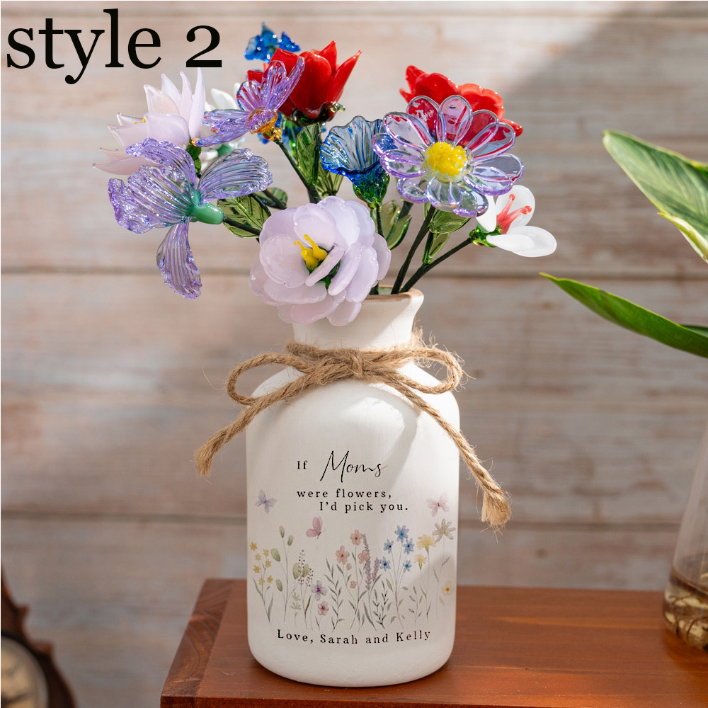 Personalized Floral Ceramic Vase for Mom Grandma Mother's Day Gift(With Glass Flowers) FHC51049