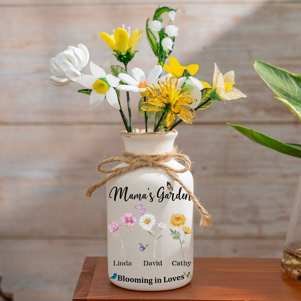 Personalized Mama's Garden Birth Flower Vase With Children Name For Mother's Day Gift(With Glass Flowers) FHC51045