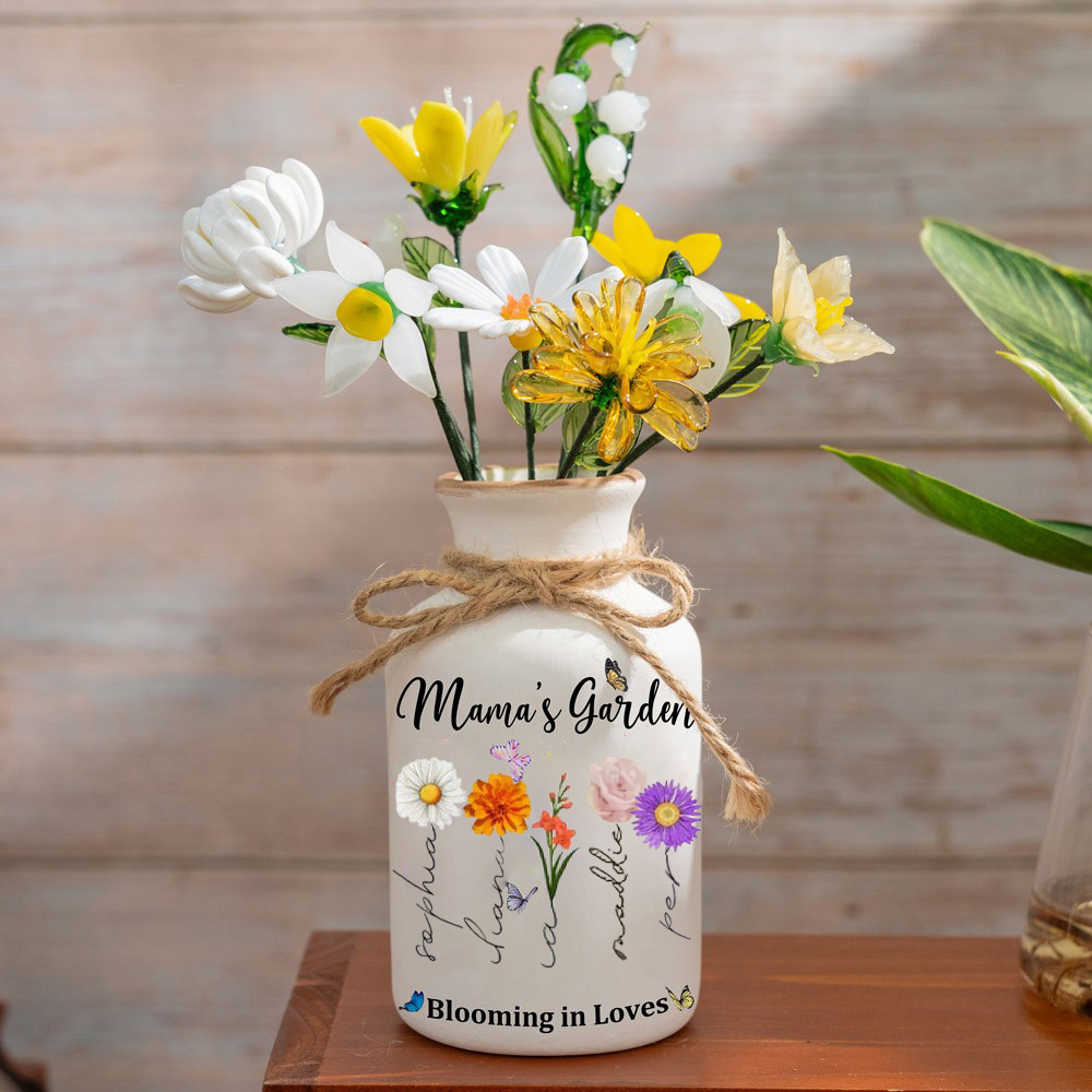 Personalized Mommy's Garden Birth Flower Vase With Children Name For Mother's Day Gift(With Glass Flowers) FHC51061