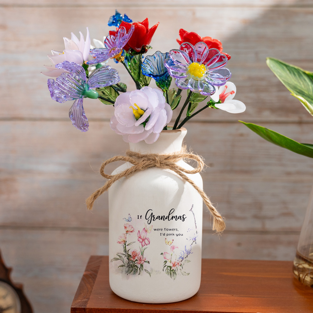 Personalized Floral Ceramic Vase for Mom Grandma Mother's Day Gift(With Glass Flowers) FHC51049
