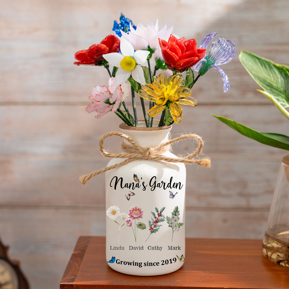 Custom Nama's Garden Birth Flower Vase With Grandchildren Name For Mother's Day Gift(With Glass Flowers) FHC51046