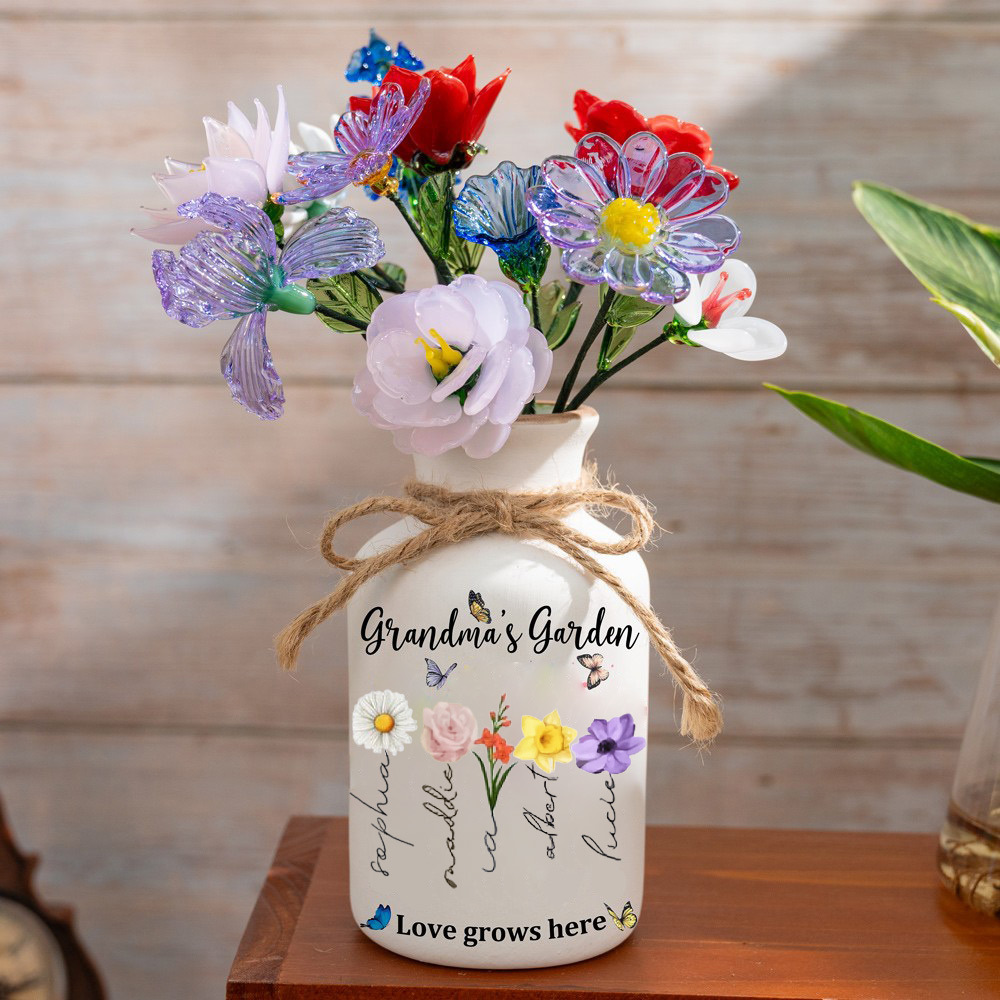 Custom Grandma's Garden Birth Flower Vase With Grandchildren Name For Mother's Day Gift(With Glass Flowers) FHC51062
