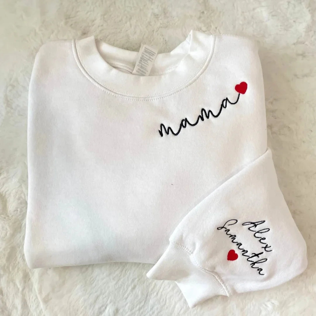 Custom Mama Embroidered Sweatshirt with Family Members' Names on Sleeves HCMD0267