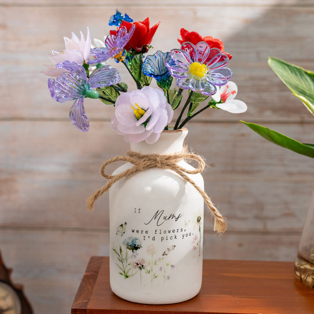 Personalized Floral Ceramic Vase for Mom Grandma Mother's Day Gift(With Glass Flowers) FHC51048