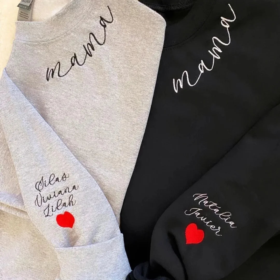 Custom Mama Embroidered Sweatshirt with Family Members' Names on Sleeves HCMD0267