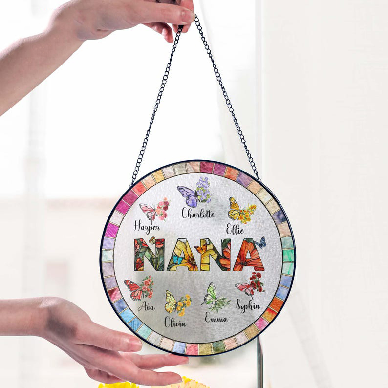 Personalized Nana Glass Suncatcher Custom Butterfly & Birth Month Flower with Grandkids’ Names  Mothers Day Gift