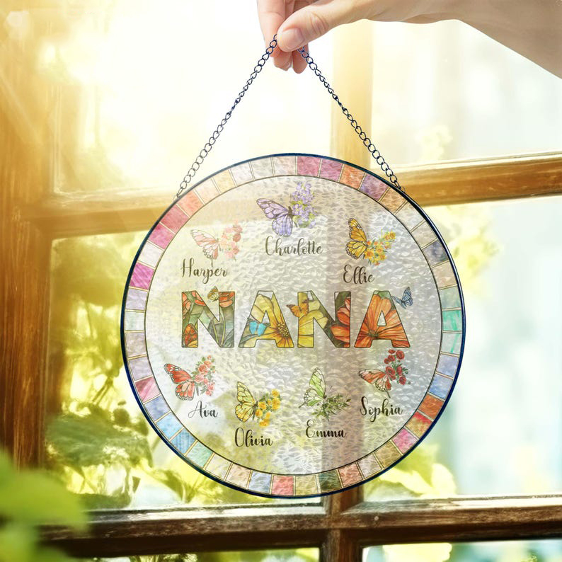 Personalized Nana Glass Suncatcher Custom Butterfly & Birth Month Flower with Grandkids’ Names  Mothers Day Gift