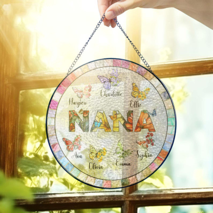 Personalized Nana Glass Suncatcher Custom Butterfly & Birth Month Flower with Grandkids’ Names  Mothers Day Gift
