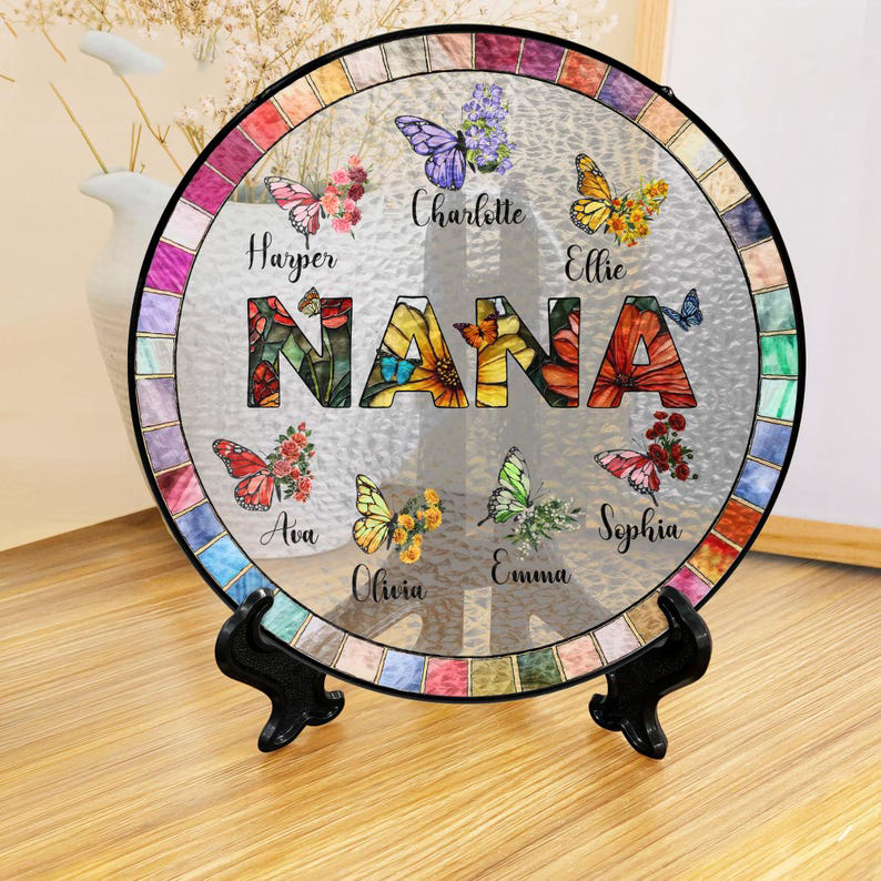 Personalized Nana Glass Suncatcher Custom Butterfly & Birth Month Flower with Grandkids’ Names  Mothers Day Gift